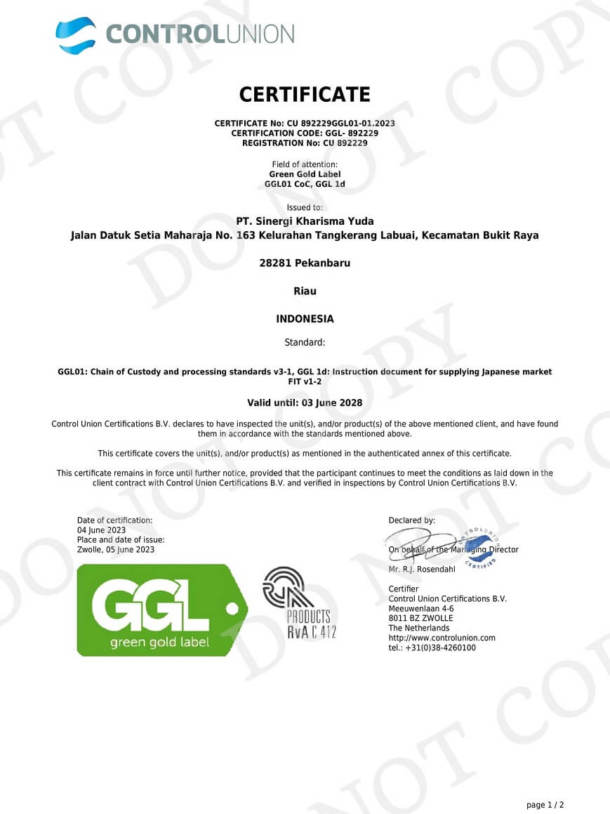 Notice of acquisition of GGL certification PT SINERGI KHARISMA YUDA